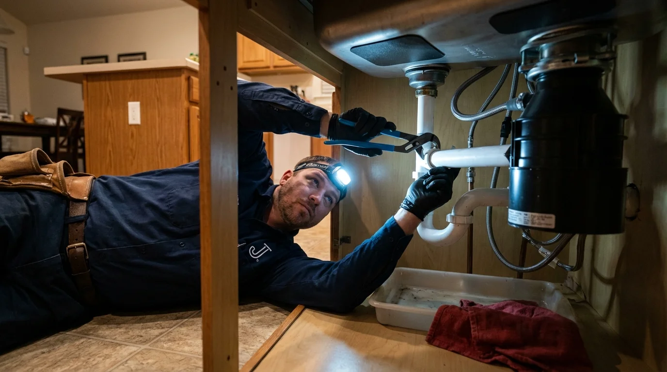 P-trap and supply line connections under a kitchen sink showing a common leak point in Youngsville, PA